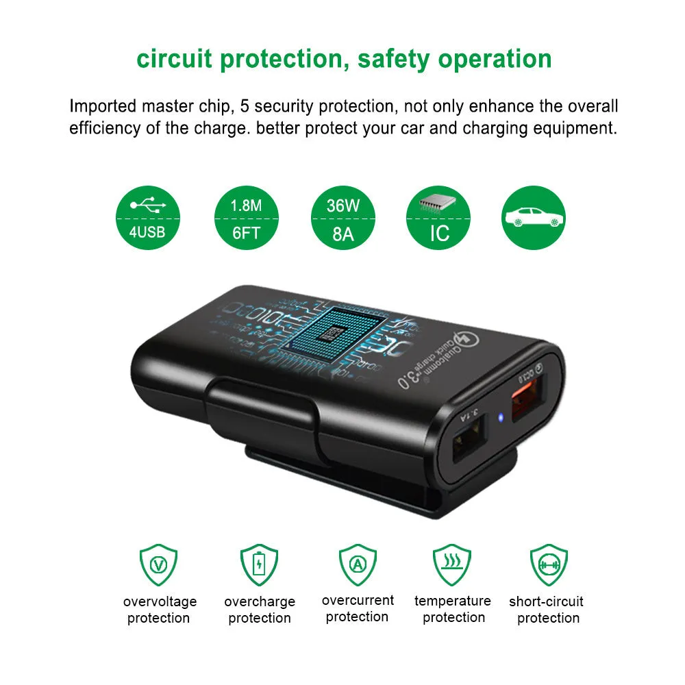 40w 8a Qc3.0 Fast Car Charger 1 To 4 Front Rear Seat Quick