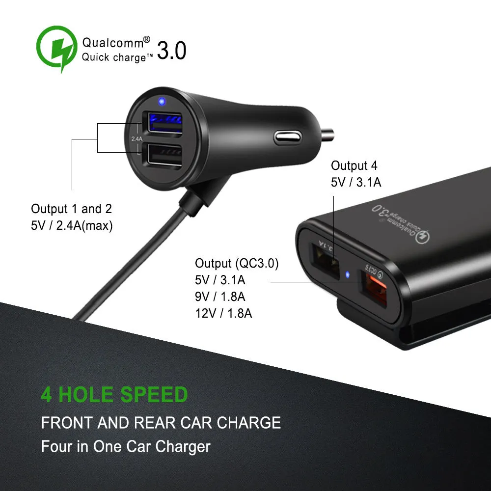 40w 8a Qc3.0 Fast Car Charger 1 To 4 Front Rear Seat Quick