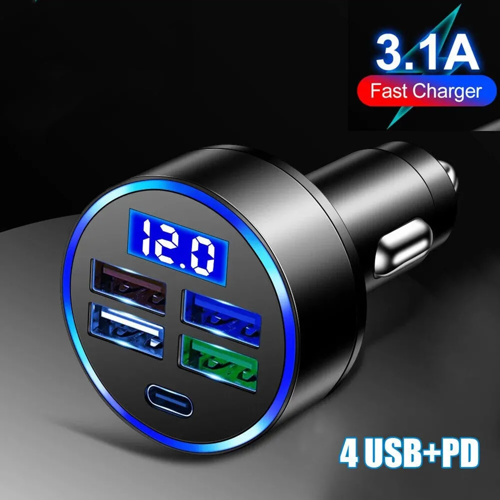 5-in-1 Charger 4 USB Port Type-c Fast Car Charger Led Digital