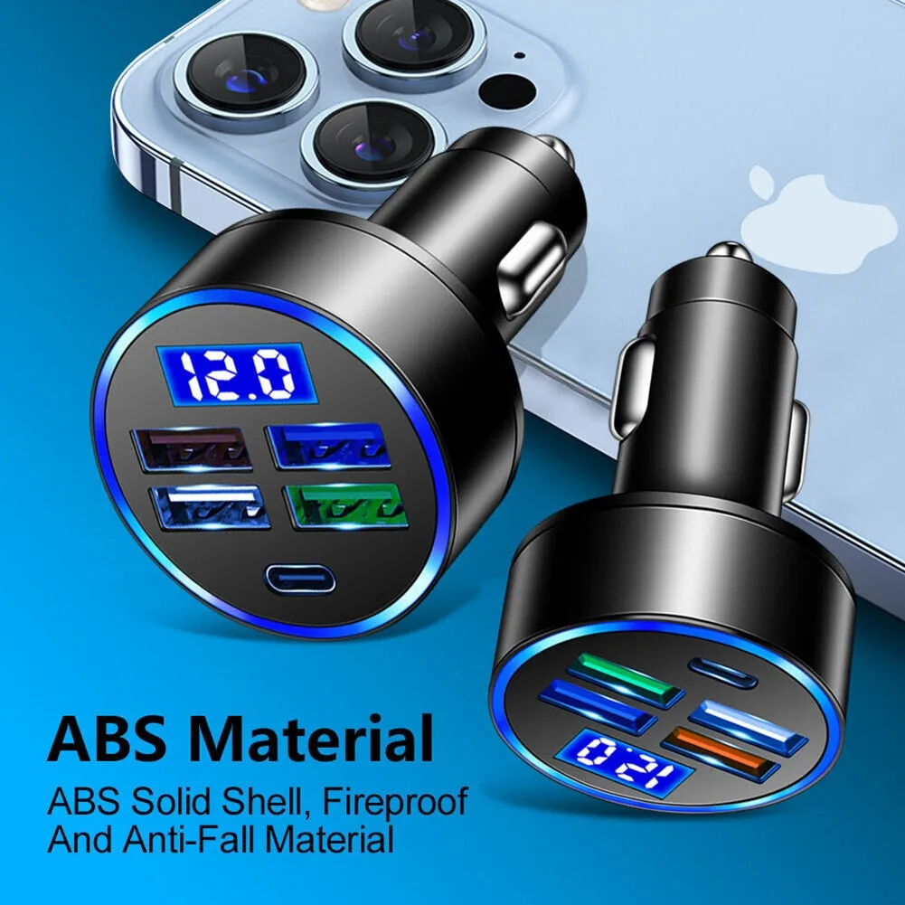 5-in-1 Charger 4 USB Port Type-c Fast Car Charger Led Digital