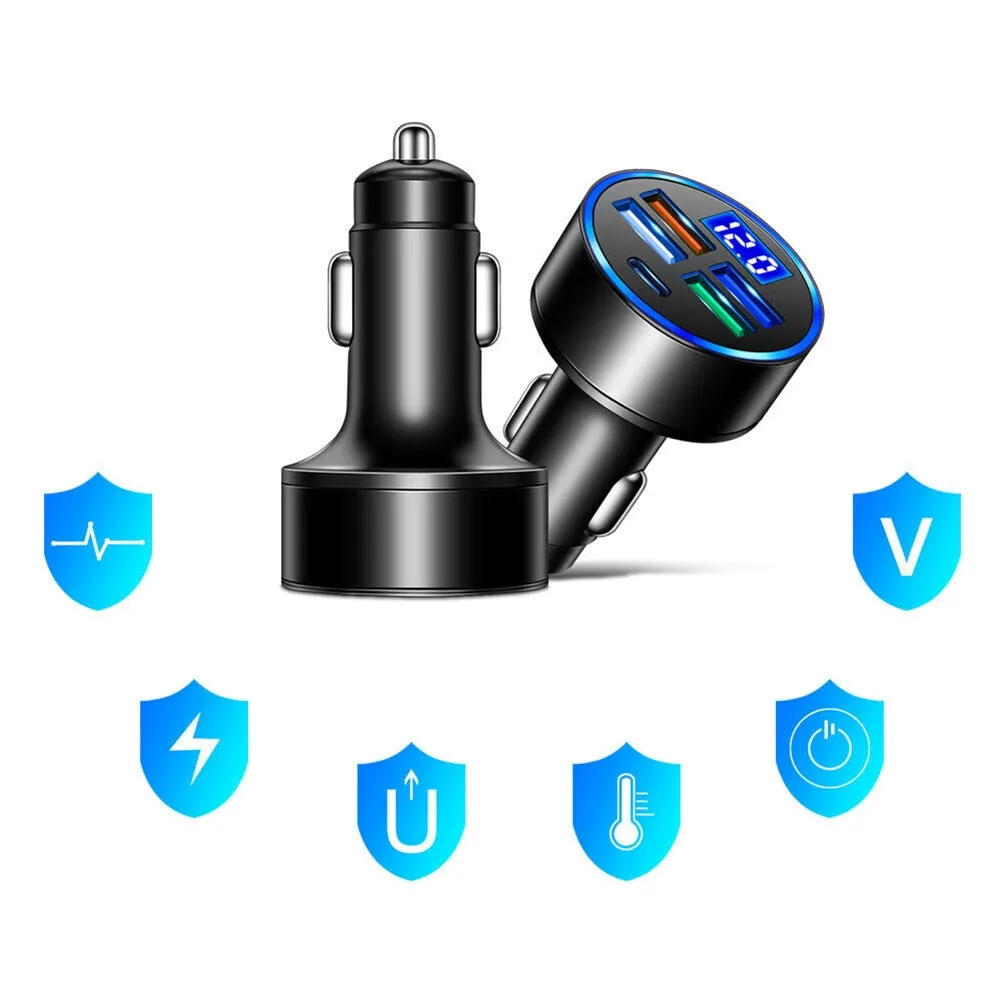 5-in-1 Charger 4 USB Port Type-c Fast Car Charger Led Digital