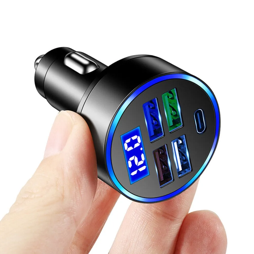 5-in-1 Charger 4 USB Port Type-c Fast Car Charger Led Digital