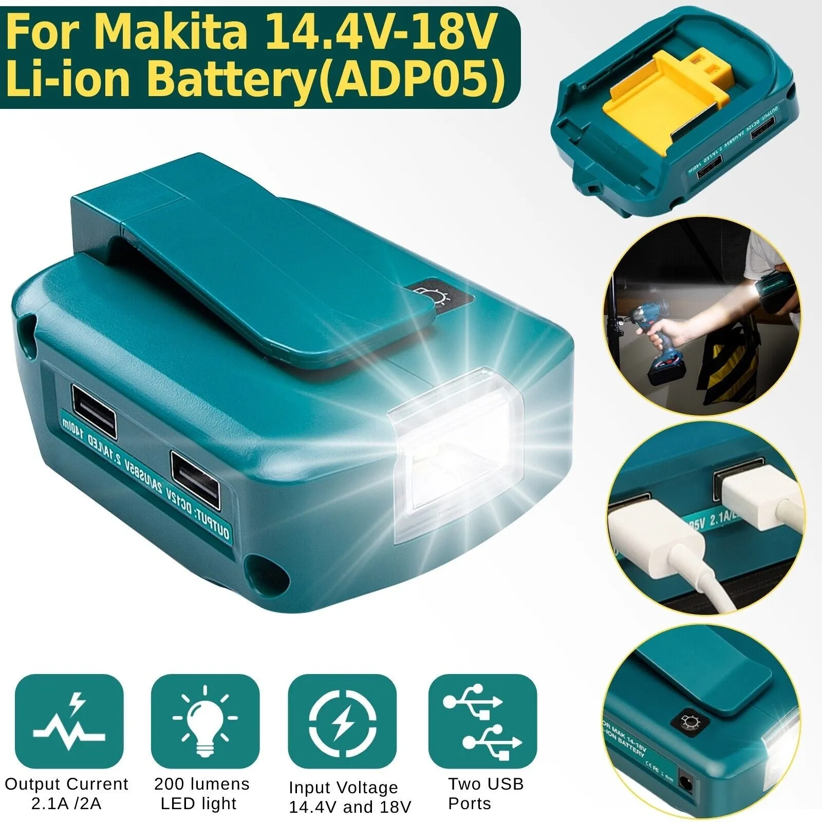 Dual Usb Power Source Charger Li-ion Battery Adapter With Led