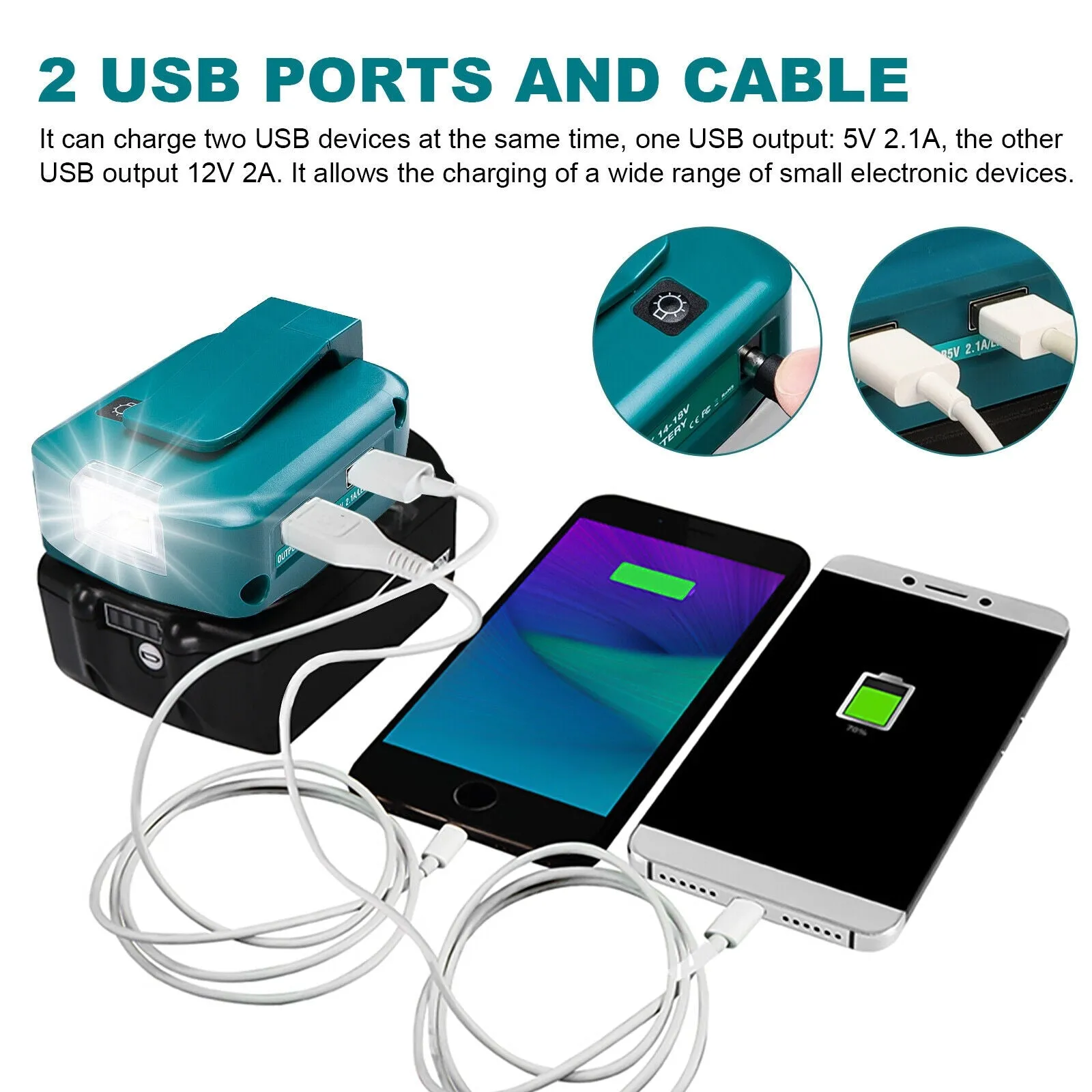 Dual Usb Power Source Charger Li-ion Battery Adapter With Led