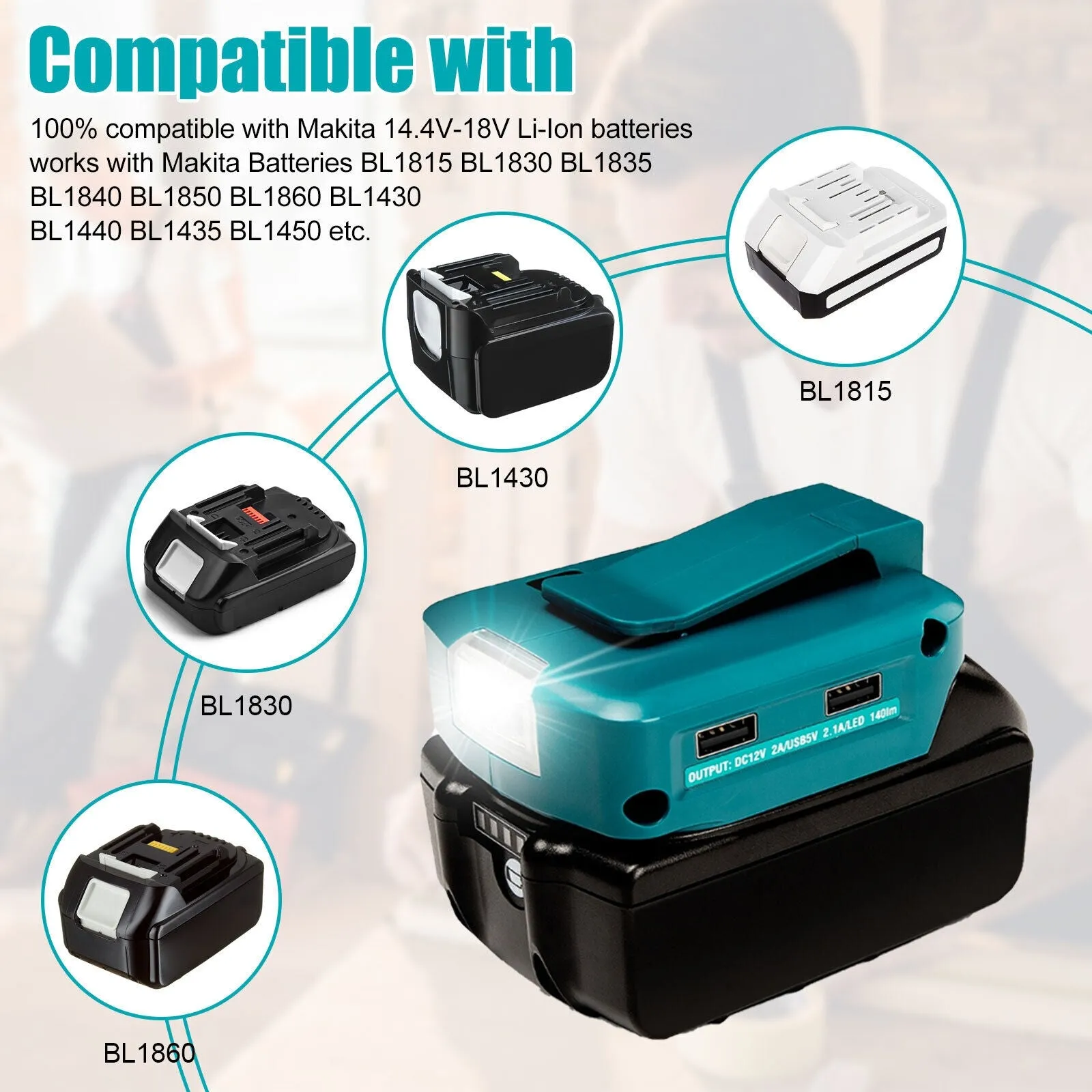 Dual Usb Power Source Charger Li-ion Battery Adapter With Led